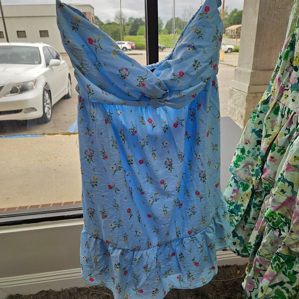 Blue floral strapless sun dress by Timing los Angeles